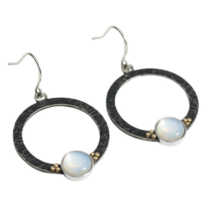 Perlmutt Ohrringe Silber gehämmert mit Goldpunkten rund 30 mm